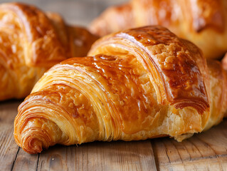 
Appetizing croissants on wooden table close-up