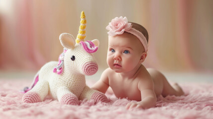 Cute little baby girl playing with knitted unicorn toy