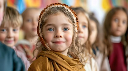 A young girl with blue eyes and a warm smile stands in front of a group of children.  She is wearing a brown shawl and a headband.  The children are all looking at the camera.