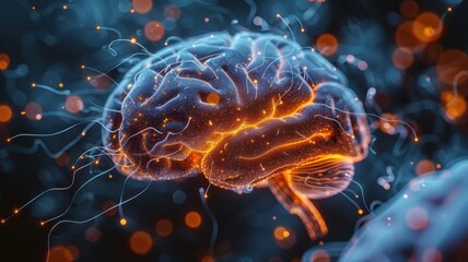 High-resolution 3D illustration of a human brain with neural connections highlighted in vibrant colors, ideal for science and medical concepts.