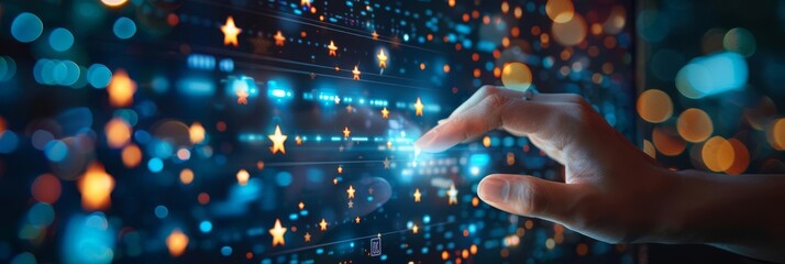 Product Review Closeup of a customers hand giving a 5star rating on a product review page, with a satisfied expression reflected in the screen