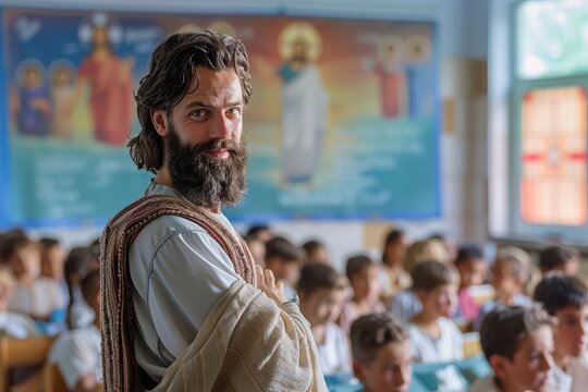 A bearded man in a robe stands in front of a crowd of  Sunday school children, looking directly at the viewer.