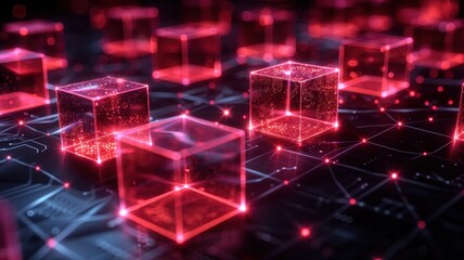 Futuristic digital concept with glowing red cubes and a connected network. Showcasing advanced technology and blockchain data transfer.