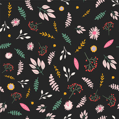 Vector floral seamless pattern with colorful flowers on the black background.