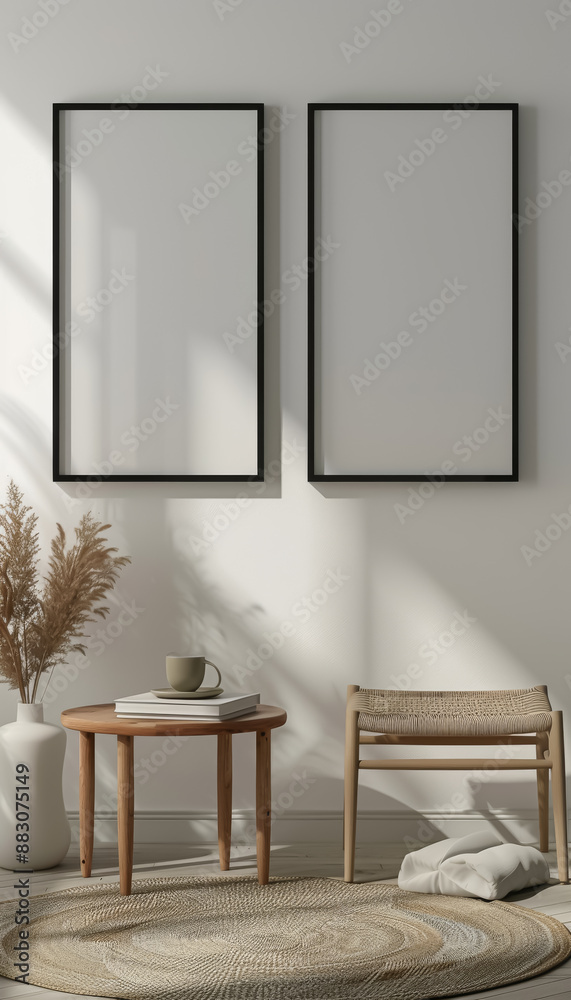 Poster A minimalist setting with two blank frames on a white wall, a small table with books and a cup, and a woven chair