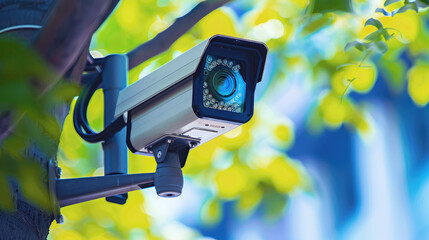 CCTV camera, IP camera against the backdrop of evening city lights. Video surveillance for security and law enforcement.