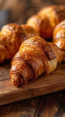 
Appetizing croissants on wooden table close-up
