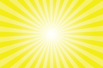 Yellow background with white sun ray. Pattern of starburst. Abstract lemon yellow texture with light of sunburst. Radial beam of sunlight. Retro background with flash. Design of sunbeams.