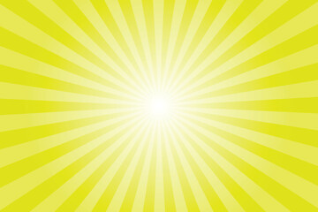 Obraz premium Yellow background with white sun ray. Pattern of starburst. Abstract lemon-lime yellow texture with light of sunburst. Radial beam of sunlight. Retro background with flash. Design of sunbeams.