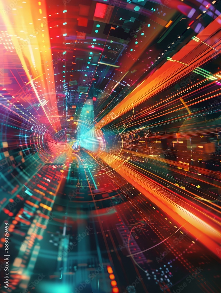 Poster abstract digital tunnel - abstract digital tunnel with vibrant colors and glowing lines, representin