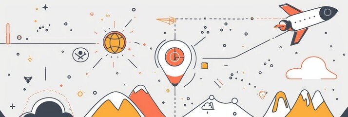 Obraz premium Abstract Illustration of Rocket Launch - Abstract illustration of a rocket launching into space, surrounded by mountains and stars, symbolizing ambition and progress.