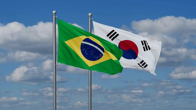 South Korea or Republic of Korea or ROK and Brazil flags flying together, video concept of the relationship, two country cooperation concept