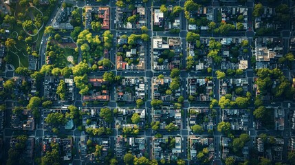 Aerial View of a Green Cityscape - A bird's-eye view of a city neighborhood with lush green trees, houses, and streets forming a grid pattern.