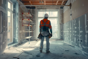 Fototapeta premium Construction Worker Standing in Unfinished Room During Daytime