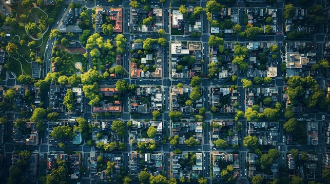 Aerial View of a Green Cityscape - A bird's-eye view of a city neighborhood with lush green trees, houses, and streets forming a grid pattern.