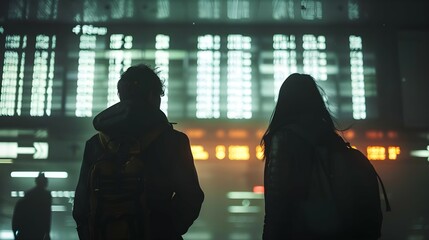 Two travelers checking flight information at airport