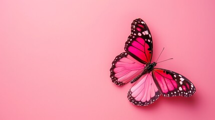 A bright pink butterfly with black markings on a pink background. © Galib
