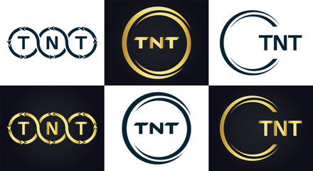 Fototapeta premium TNT logo. T N T design. White TNT letter. TNT, T N T letter logo design. T N T letter logo design in GOLD, GOLDEN LOGO, THREE, style. letter logo set in one artboard. T N T letter logo vector design.