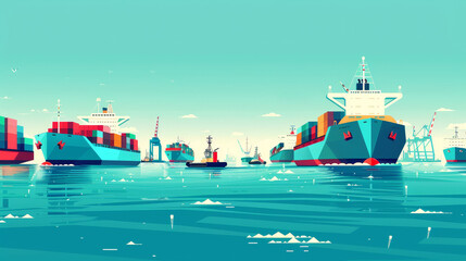 Cargo Ships Sailing on Calm Waters - A line of cargo ships navigate a calm sea, their colorful containers and white hulls reflecting the serene blue sky. The scene highlights the constant movement of 