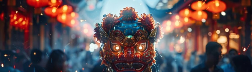 Capture a vibrant, haunting long shot of a traditional mask amidst a bustling cultural festival at night, blending psychological undertones into the atmosphere