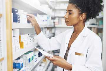 Black woman, tablet and pharmacist at shelf to check medicine for stock take and product inventory. Tech, pharmacy and medical worker with drugs for online prescription, information and telehealth