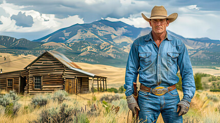 A cowboy walking away in a field, herding cattle during a golden sunset.Generative AI