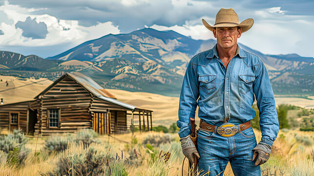 A cowboy walking away in a field, herding cattle during a golden sunset.Generative AI