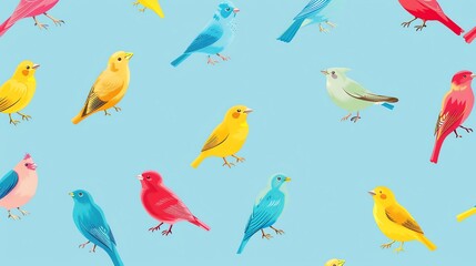 A pattern of colorful birds on a light blue background.