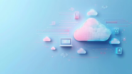 Cloud Computing and Data Storage Illustration - A 3D illustration depicting a cloud computing concept with multiple cloud icons and network connection symbols.