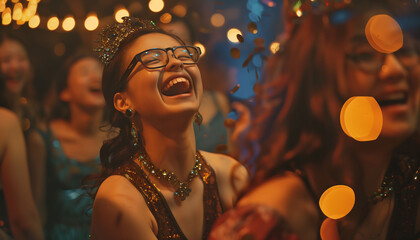 Portrait happy teenage girl dancing at night party