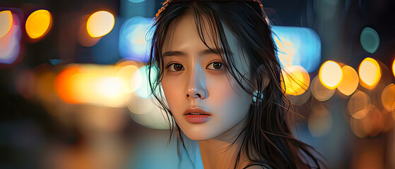 portrait of beautiful Japanese fashion model wearing glowing futuristic fashion dress on the street at night.Generative AI