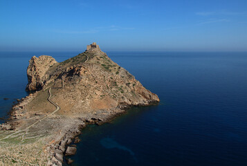 Panoramic view of the Punta Troia castle jutting out into the Mediterranean (Marettimo island, Egadi archipelago, Sicily, Italy)