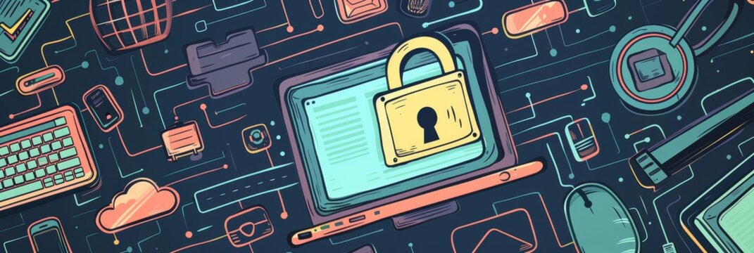Cyber Security Illustration with Padlock on Computer Screen - An illustration depicting a computer screen with a padlock, symbolizing cybersecurity and data protection.