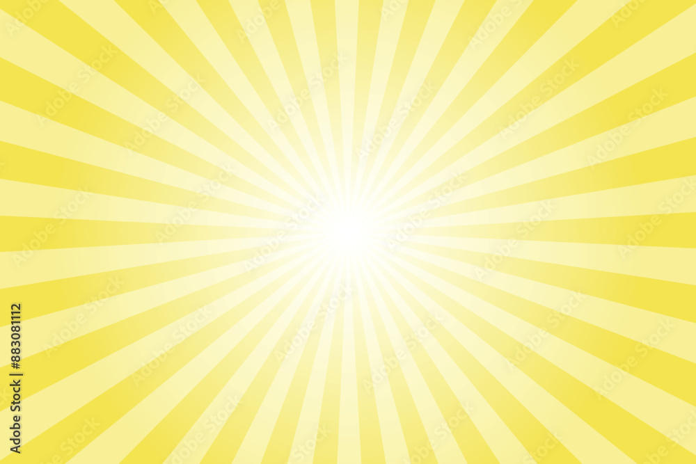 Poster Yellow Background with White Sun Ray. Pattern of Starburst. Abstract Minion Yellow Texture with Light Of Sunburst. Radial Beam of Sunlight. Retro Background with Flash. Design of Sunbeams.