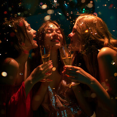 Happy girls having fun drinking wine in the party