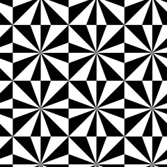 Abstract geometric pattern with squares, spirals, stripes, lines. Seamless vector background. White and black ornament. Modern reticulated graphic design.