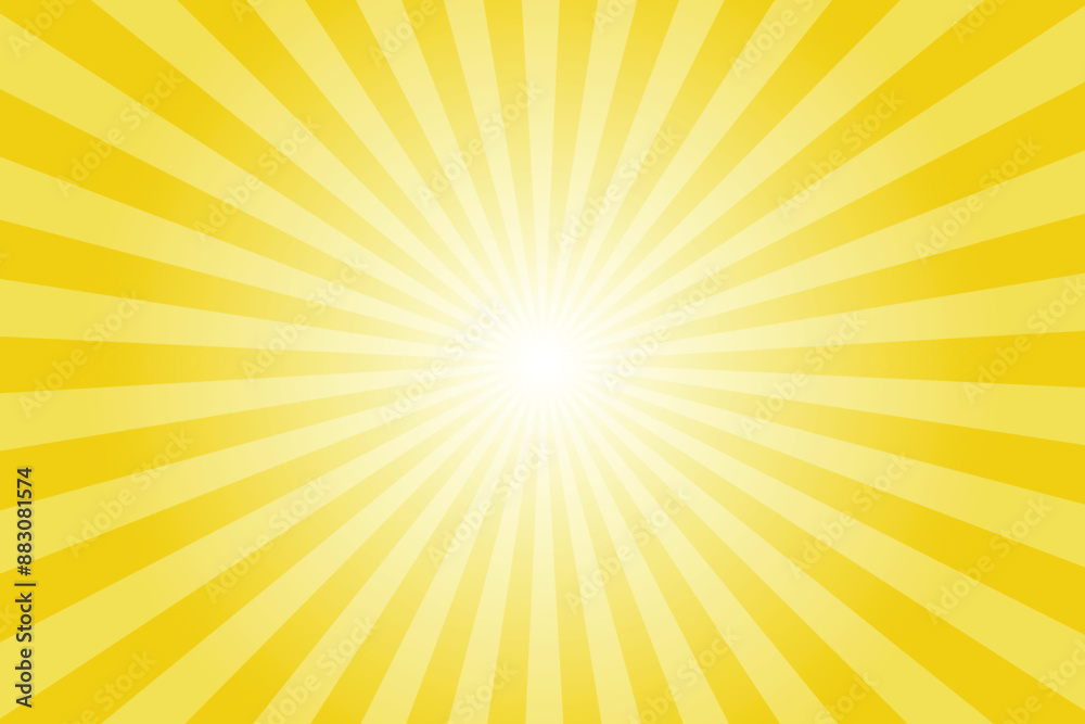 Poster Yellow Background with White Sun Ray. Pattern of Starburst. Abstract Munsell Yellow Texture with Light Of Sunburst. Radial Beam of Sunlight. Retro Background with Flash. Design of Sunbeams.