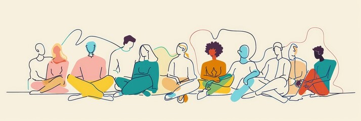 Diversity and Togetherness in a Single Line Illustration - A vibrant illustration showcasing a diverse group of people, sitting together in a single line art style. It symbolizes unity, inclusion, and