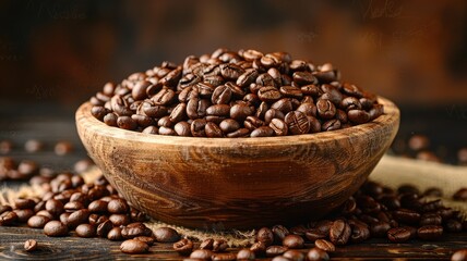 Fototapeta premium Close-up of a wooden bowl filled with roasted coffee beans on a rustic surface, capturing the texture and aroma of freshly roasted coffee.