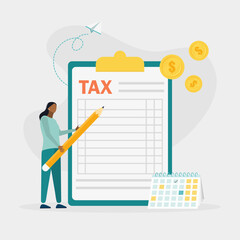 Woman fills out financial document form on clipboard and payment date. Tax form, income tax return, company tax payment concept. Vector illustration.	