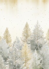 Obraz premium Watercolor style painting of a forest with trees adorned in golden hues during a snowy winter. 