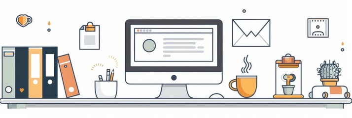 Fototapeta premium Modern Office Desk Illustration - Illustration of a modern office desk with a computer, stationery, and a cup of coffee. This graphic depicts a clean and organized workspace, emphasizing productivity 