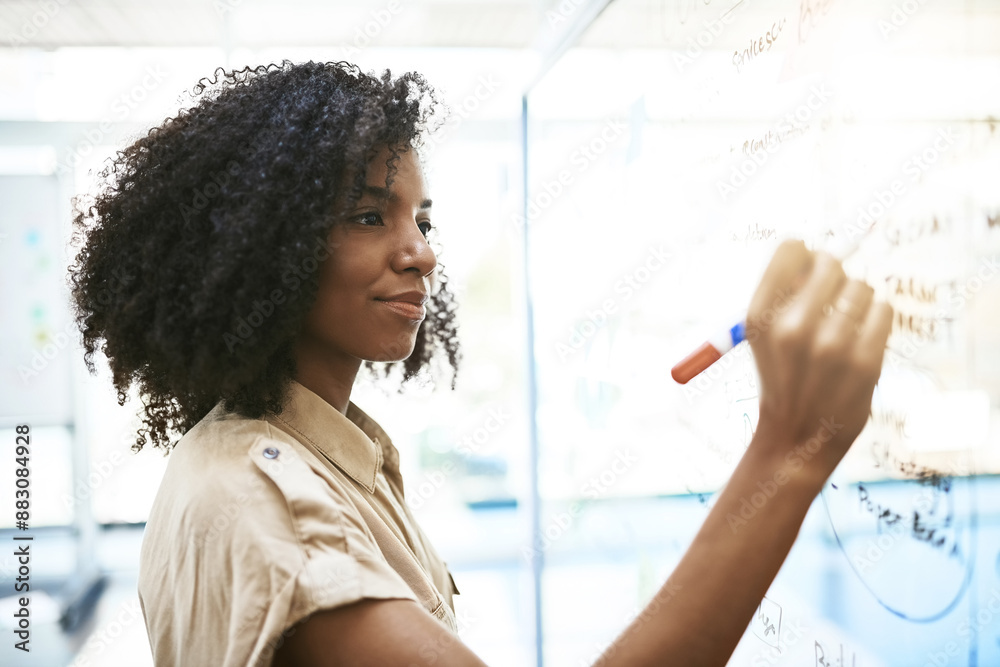 Poster writing, board and black woman and notes with planning, creative solution and thinking. office emplo