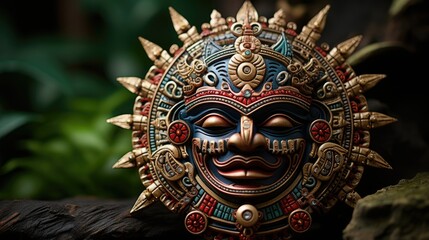 Fototapeta premium A handcrafted wooden mask adorned with intricate designs, showcasing exquisite craftsmanship and cultural significance 