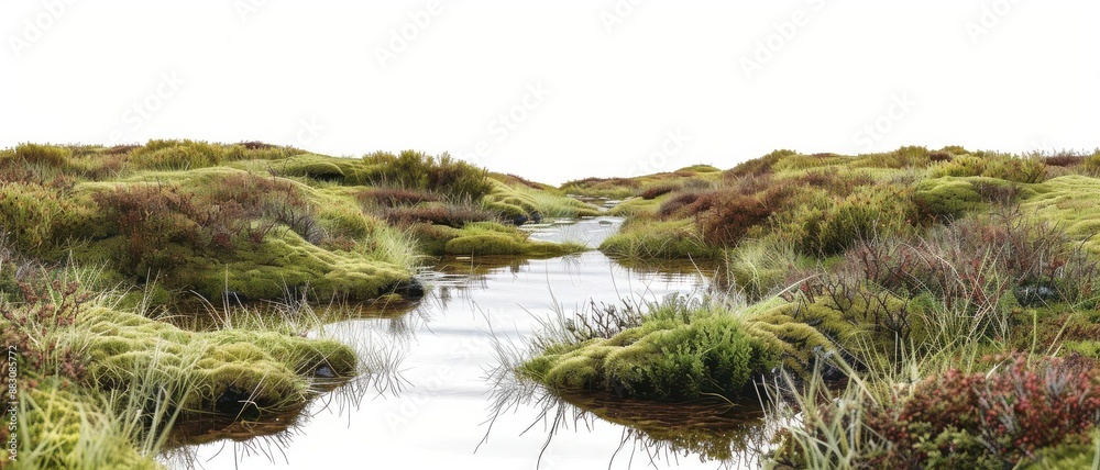 Aufkleber A scenic view of a lush green marshland with water streams surrounded by various grasses and vegetation on an overcast day