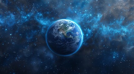 Naklejka premium A beautiful blue planet, Earth, floats in the vastness of space. Its swirling atmosphere and verdant landmasses make it a vibrant jewel in the galaxy.