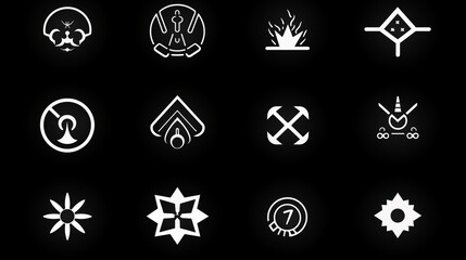 Collection of various abstract and geometric symbols, including skulls, flames, flowers, and more