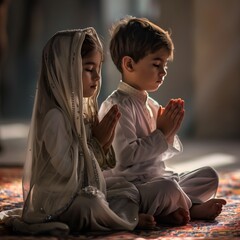 Young boy and girl praying