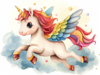 Naklejka premium Illustration of a flying unicorn with rainbow-colored mane and wings, surrounded by stars, representing fantasy and dreams.