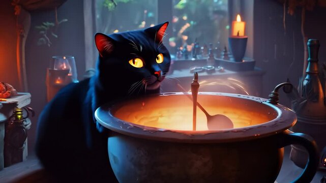 Black cat watching magical potion brew in slow motion inside enchanted witch's room